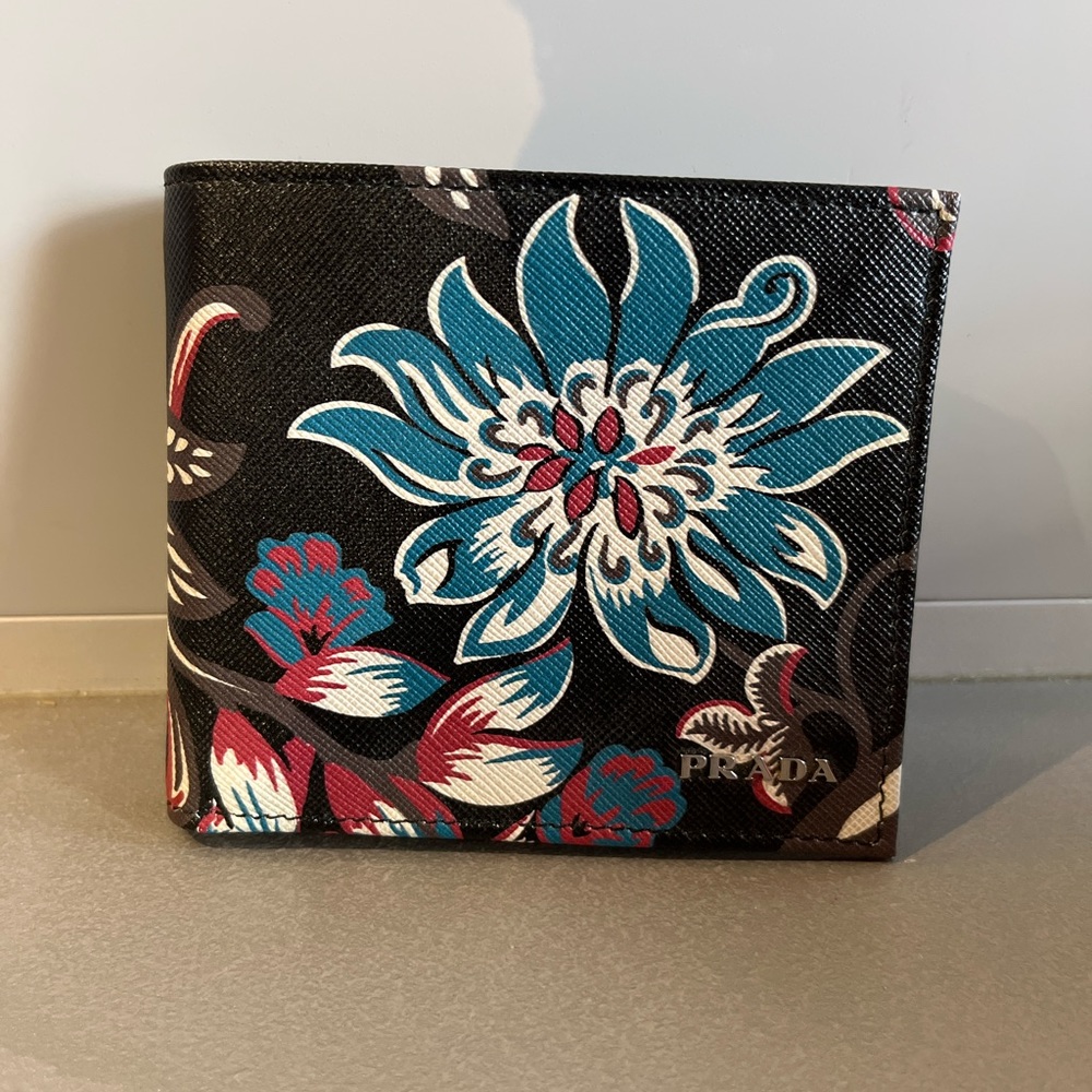 Prada Ramage Nero Saffiano Floral Bifold Wallet